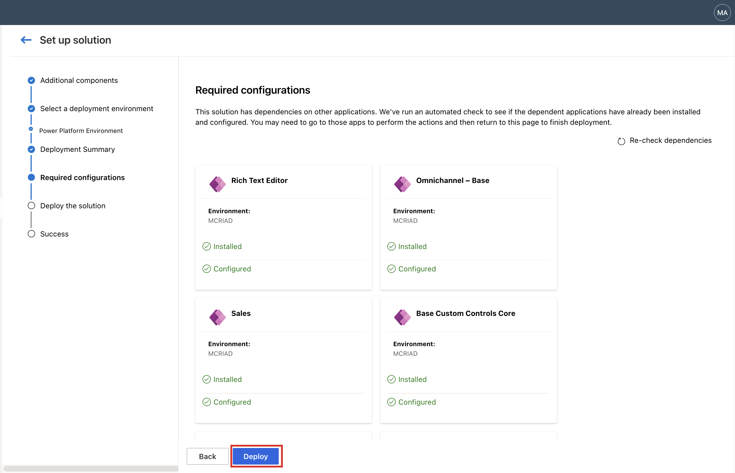 Capture d’écran du centre de solutions montrant la page Configurations requises.