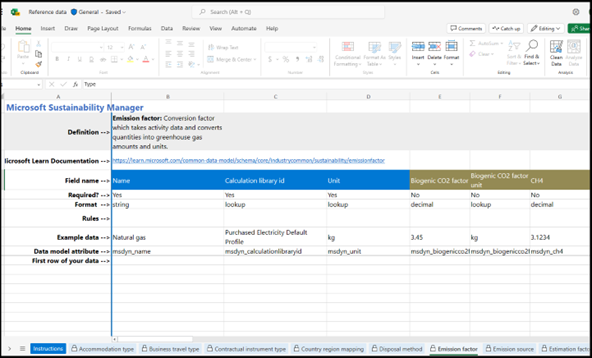 Capture d’écran montrant comment saisir des informations dans un onglet Entité dans le modèle Excel.