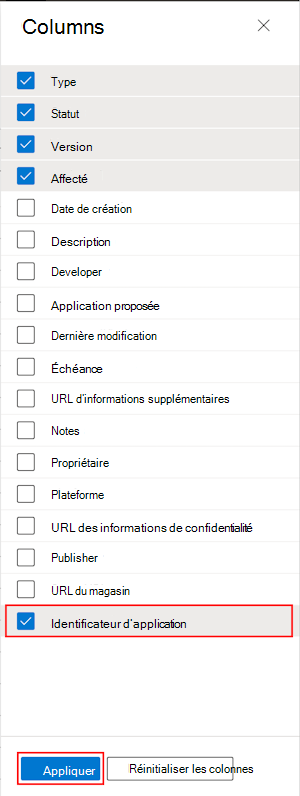 Capture d’écran montrant comment sélectionner la colonne ID d’offre groupée d’applications dans Toutes les applications de Microsoft Intune et du Centre d’administration Intune.