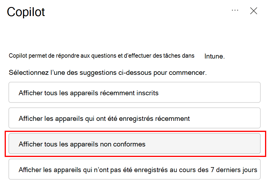 Capture d’écran montrant tous les appareils non conformes d’un requête Copilot dans Microsoft Intune ou Intune centre d’administration.