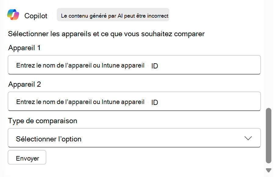 Capture d’écran montrant Copilot comparant deux appareils dans Microsoft Intune ou Intune centre d’administration.