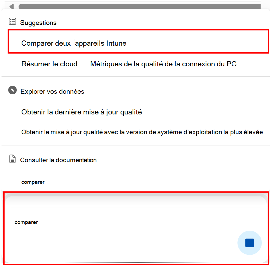 Capture d’écran montrant l’requête Copilot comparer un appareil Intune dans Microsoft Intune ou Intune centre d’administration.