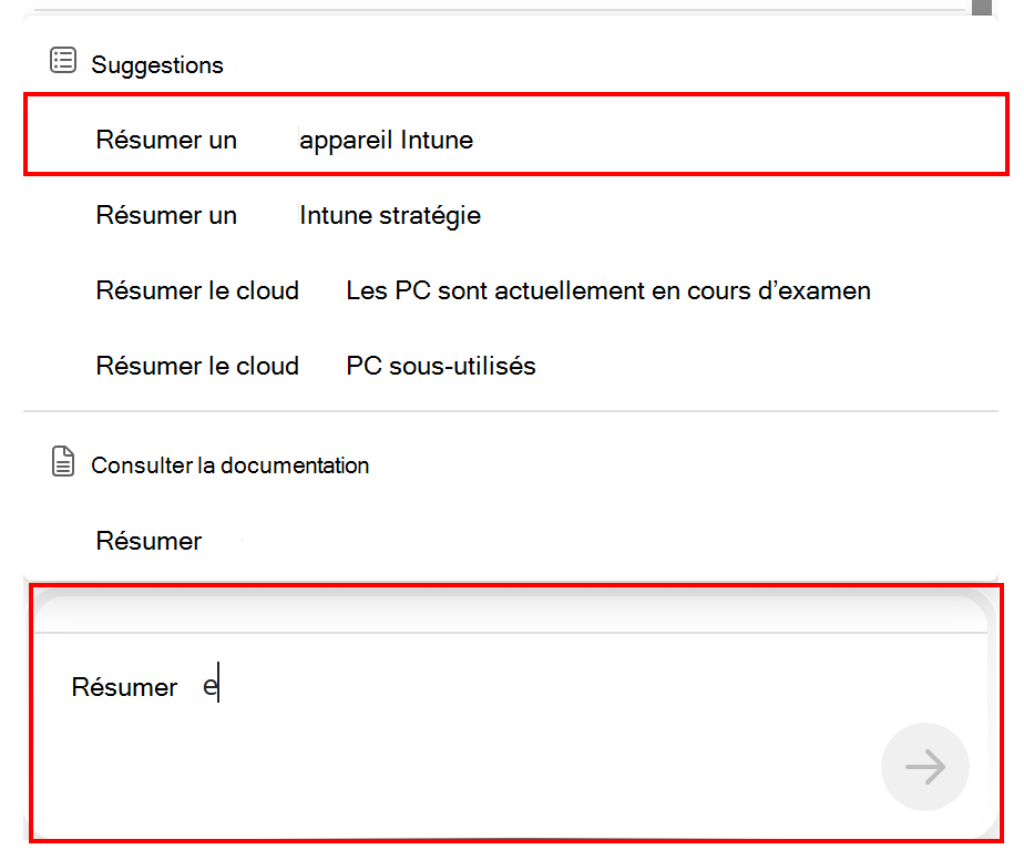 Capture d’écran montrant le résumé d’un appareil Intune requête Copilot dans Microsoft Intune ou Intune centre d’administration.