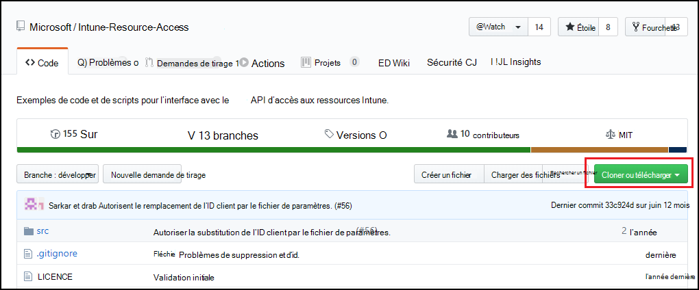 Bouton Code GitHub affichant les options de téléchargement et de clonage pour le projet PowerShell d’importation PFX
