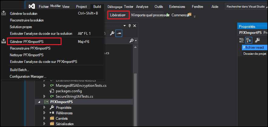 Menu Build de Visual Studio avec la commande Build PFXImportPS mise en surbrillance