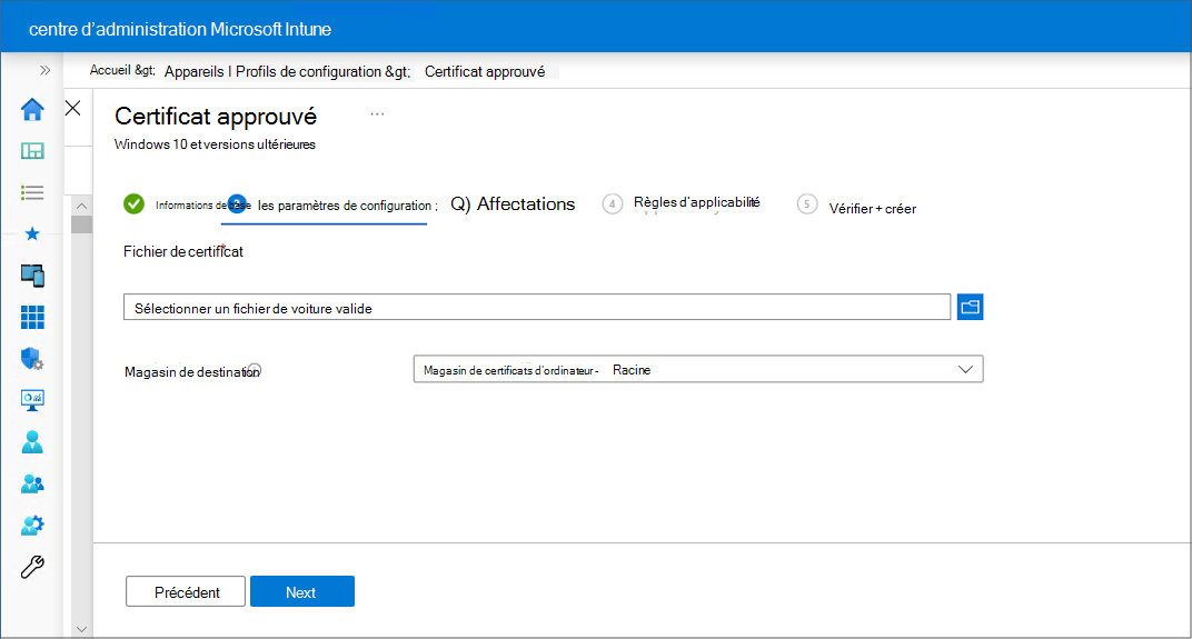 Formulaire de profil de configuration avec les options de champ de chargement de certificat et de magasin de destination
