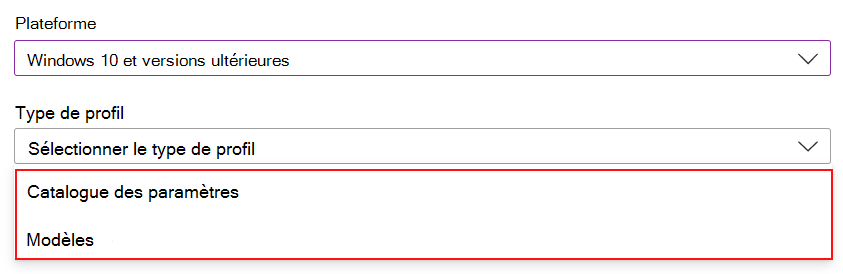 Capture d’écran montrant quand vous créez une stratégie Windows ou macOS, sélectionnez le catalogue de paramètres ou les modèles dans Microsoft Intune et Intune centre d’administration.