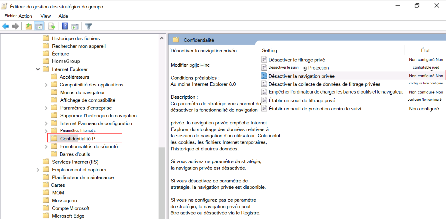 Capture d’écran montrant comment désactiver la navigation InPrivate dans Internet Explorer à l’aide d’un modèle ADMX local.