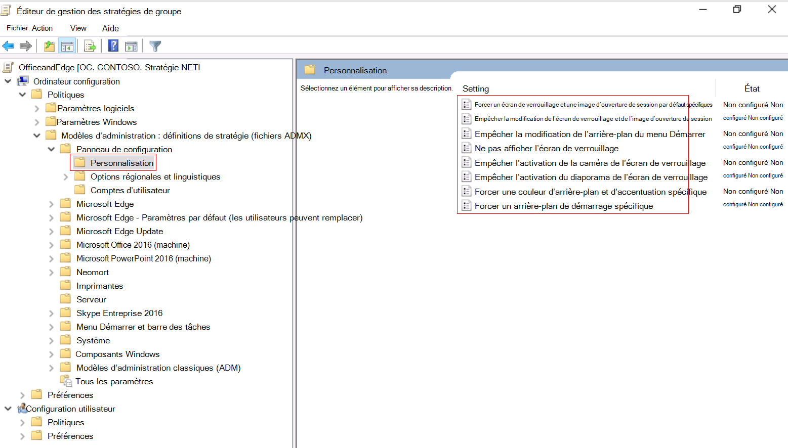 Capture d’écran montrant comment développer Configuration de l’ordinateur dans l’Éditeur de gestion stratégie de groupe local, puis accéder à Personnalisation.
