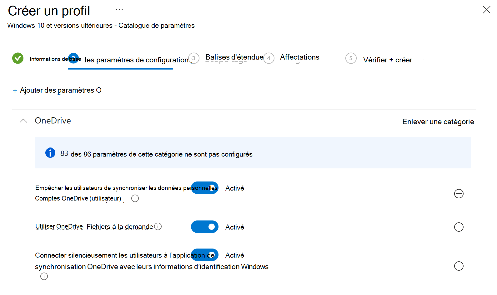 Capture d’écran montrant comment créer une stratégie de catalogue de paramètres OneDrive dans Microsoft Intune.