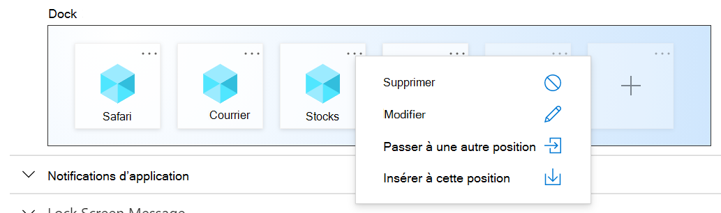Exemple de paramètres du dock de disposition de l’écran d’accueil iOS/iPadOS dans Microsoft Intune