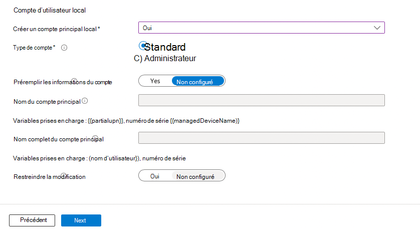 Capture d’écran montrant les options disponibles pour un compte d’utilisateur non administrateur.