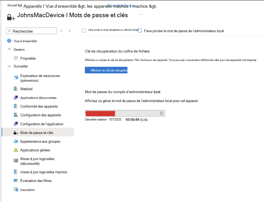 Capture d’écran montrant le volet Mots de passe et clés, ainsi que les options Faire pivoter le mot de passe d’administrateur local.