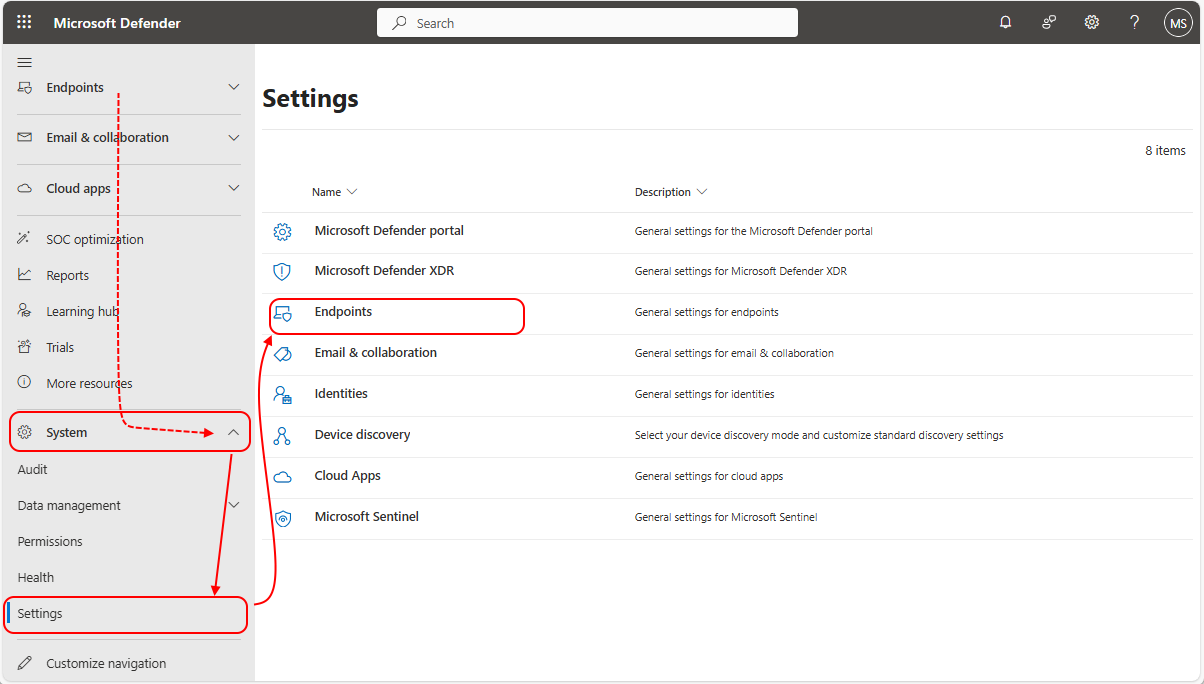 Capture d’écran de la console Defender montrant le chemin d’accès à Paramètres, puis points de terminaison.