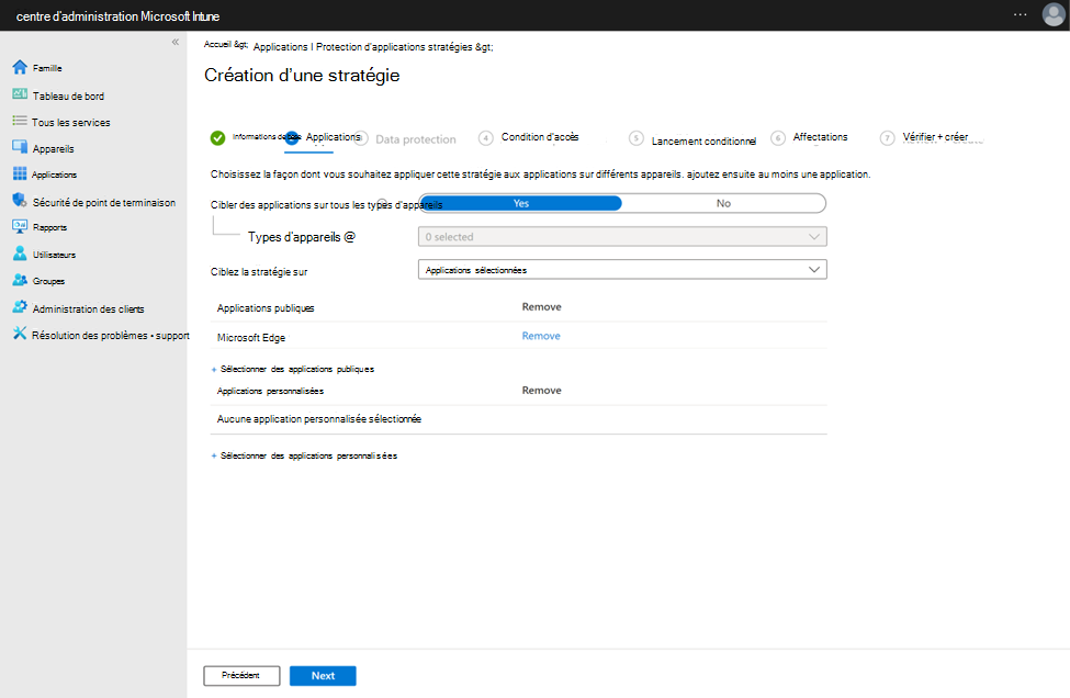 Capture d’écran de la configuration d’une stratégie de protection des applications avec Microsoft Edge en tant qu’application publique.