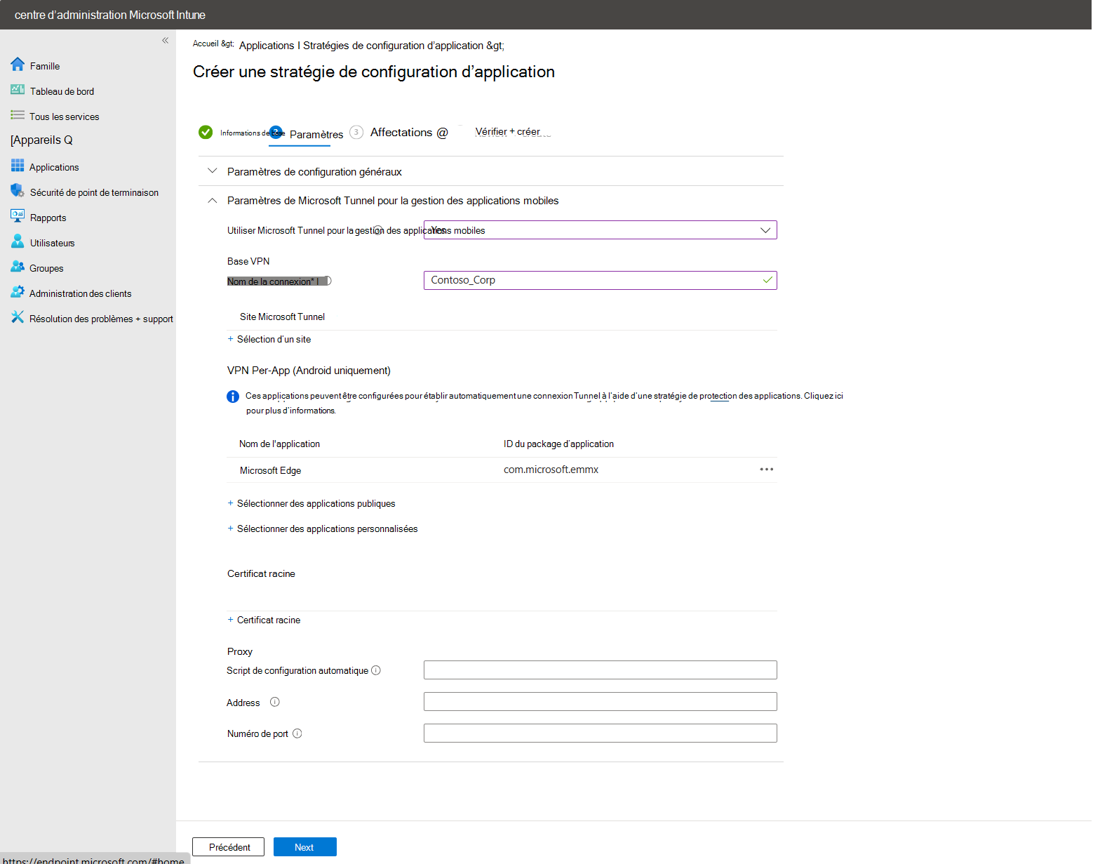 Capture d’écran de la configuration par application avec Microsoft Edge ajouté.
