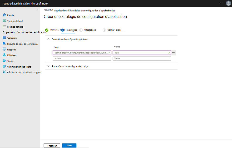 Image illustrant la clé et la valeur du commutateur d’identité pour le tunnel GAM sur des appareils Android non gérés dans Microsoft Intune.
