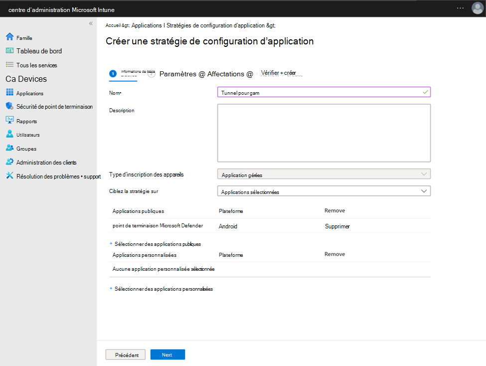Capture d’écran de la configuration d’une stratégie de configuration d’application avec Microsoft Defender point de terminaison en tant qu’application publique.