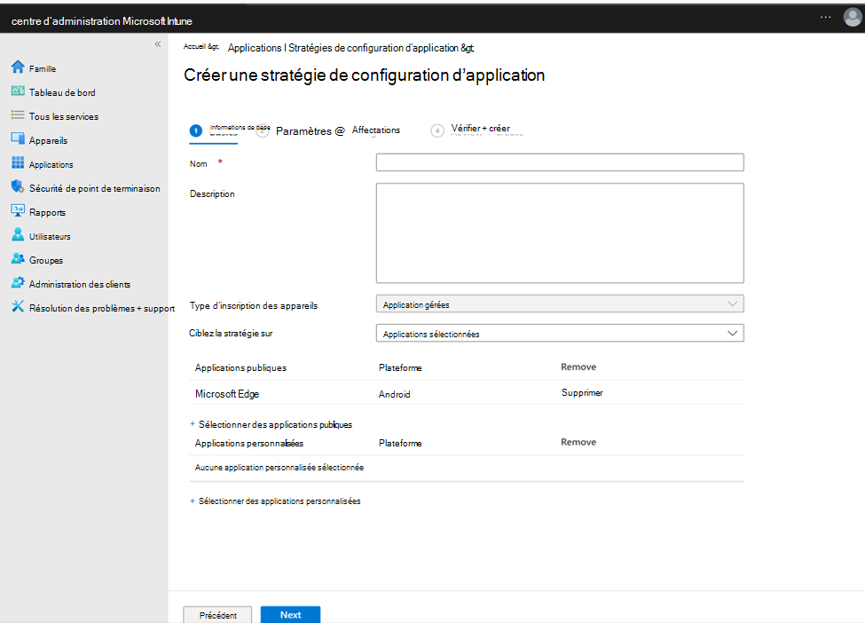 Capture d’écran de la configuration d’une stratégie de configuration d’application avec Microsoft Edge en tant qu’application publique.