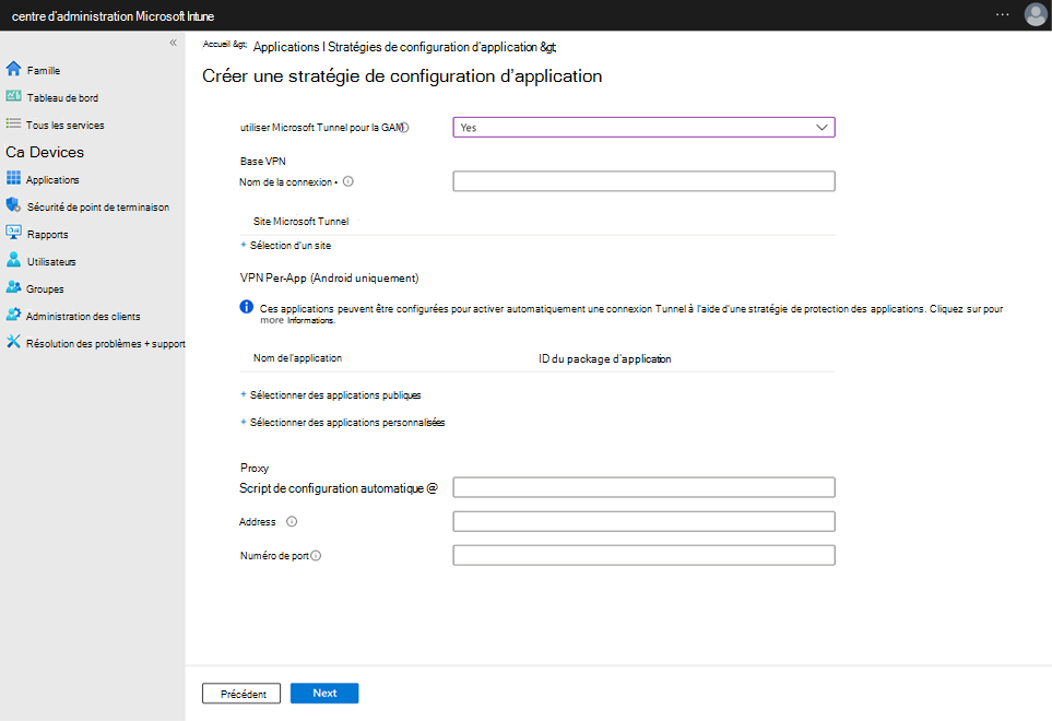 Capture d’écran de la configuration des paramètres de stratégie de l’application.