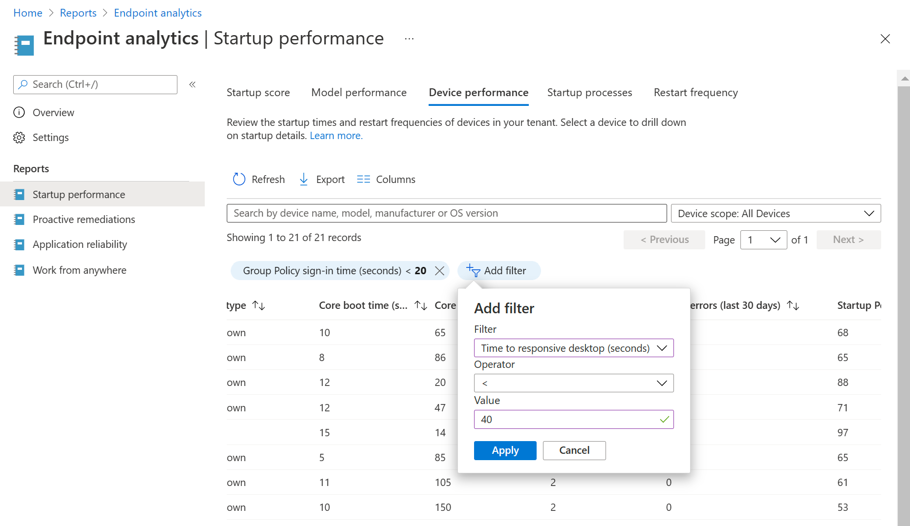 Capture d’écran d’un filtre de table dans Endpoint Analytics.