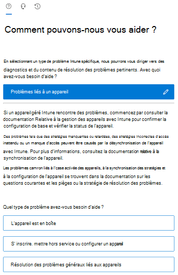 Capture d’écran montrant les options de scénario filtrées dans le centre d’administration Intune.