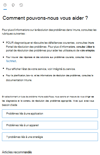 Capture d’écran montrant les options de scénario dans le centre d’administration Intune.