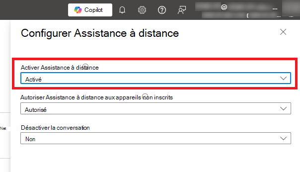 Capture d’écran de l’écran d’administration du locataire dans lequel vous pouvez activer Assistance à distance.