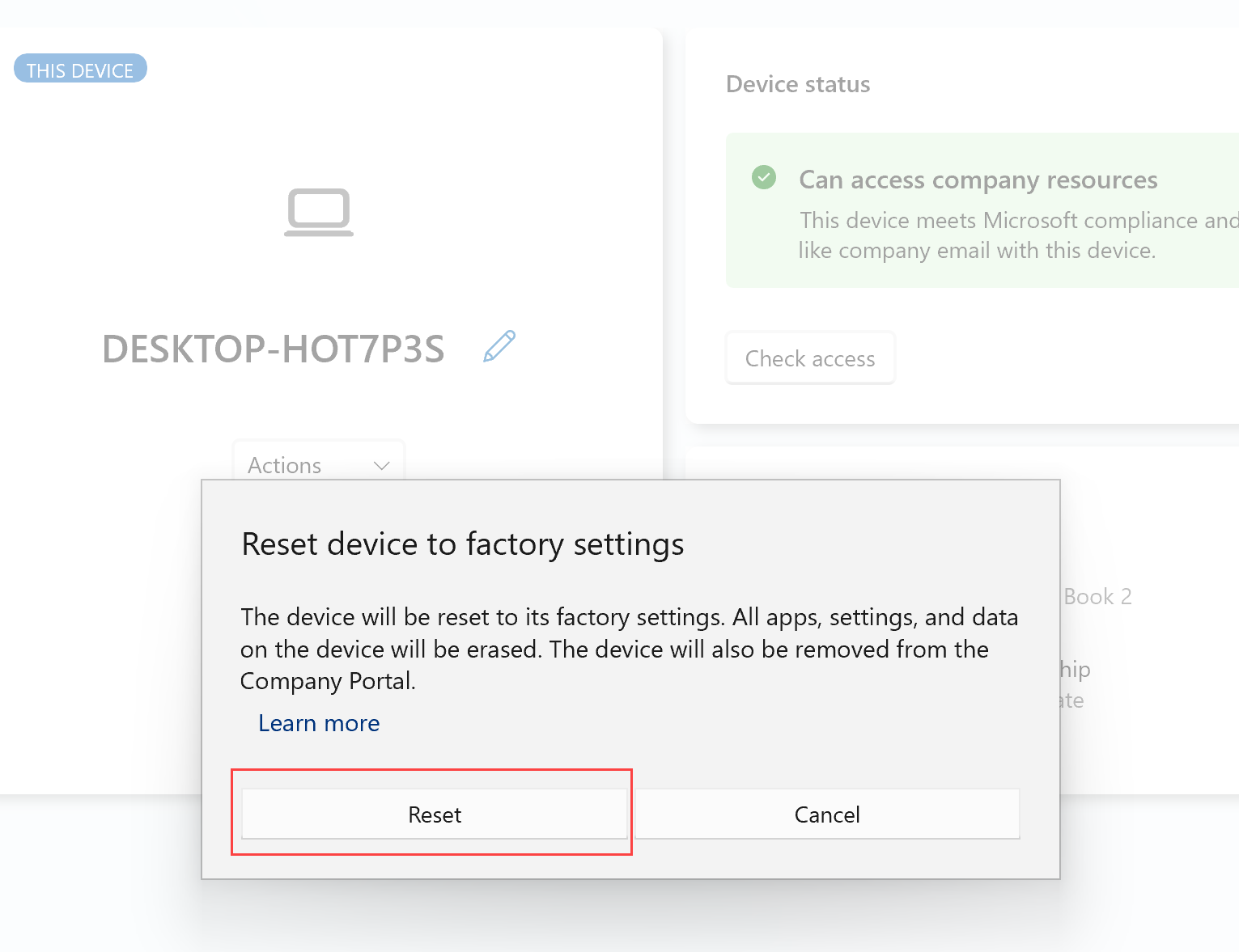 Exemple de capture d’écran de l’application Portail d'entreprise pour Windows mettant en surbrillance le message de confirmation et le bouton Réinitialisation final.