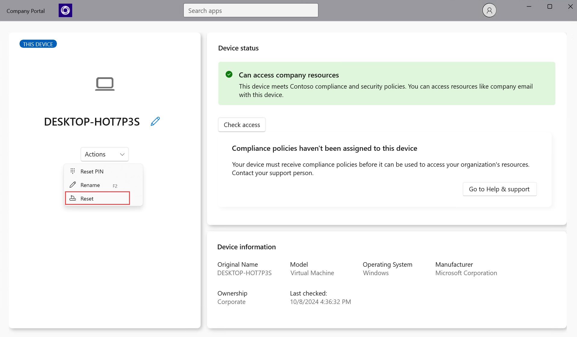 Exemple de capture d’écran de l’application Portail d'entreprise pour Windows mettant en surbrillance l’option Réinitialiser.