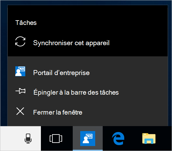Capture d’écran de la barre des tâches Windows sur le bureau d’un appareil. Portail d'entreprise’icône d’application a été sélectionnée et affiche un menu avec les options « Épingler à la barre des tâches », « Fermer la fenêtre » et l’action « Synchroniser cet appareil ».