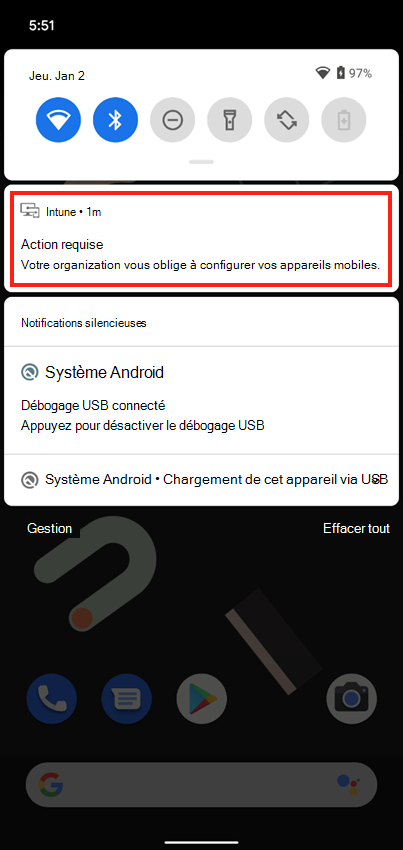Exemple de capture d’écran de la notification Push Portail d'entreprise sur l’écran d’accueil de l’appareil.