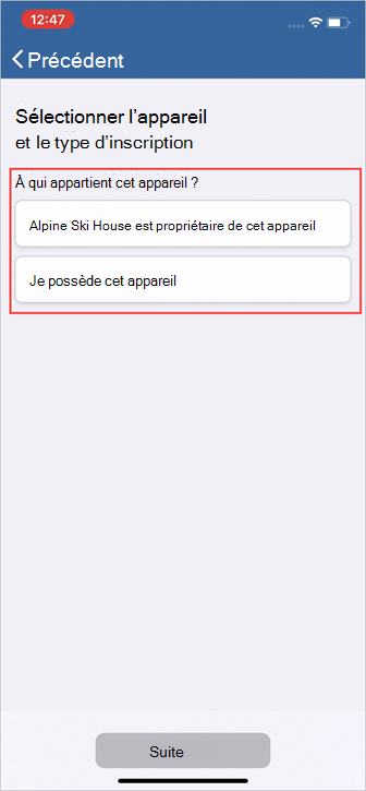 Exemple de capture d’écran du portail d’entreprise, écran « Sélectionner le type d’appareil et d’inscription », options relatives au type d’appareil.