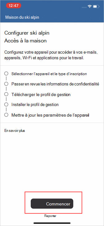 Exemple de capture d’écran de l’application Portail d’entreprise, écran « Configurer l’accès ».