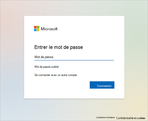 Exemple d’image de l’écran d’authentification Microsoft qui invite l’utilisateur à « Entrer un mot de passe ».