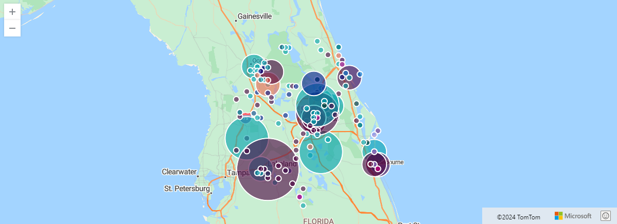 Screenshot of storm events on a pie map.