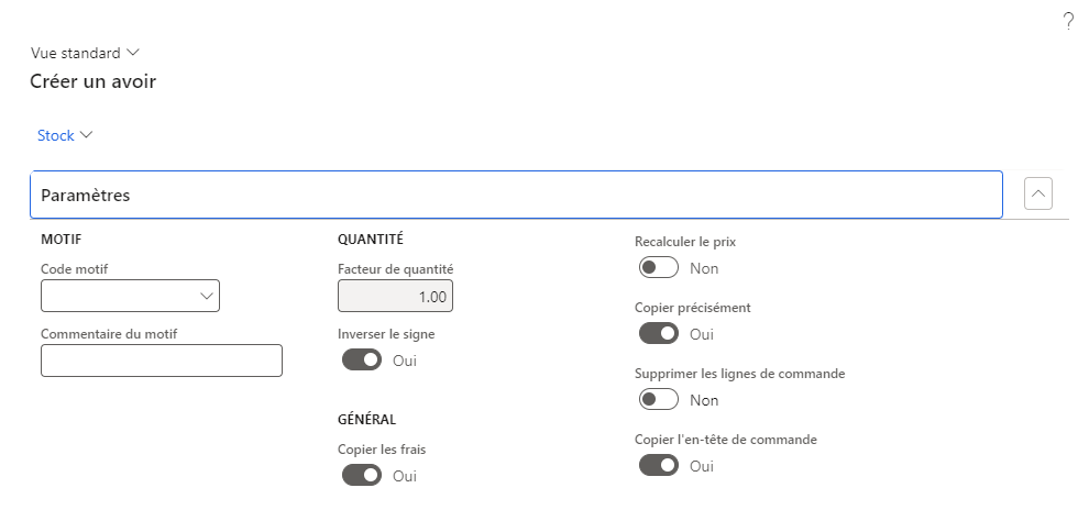 Capture d’écran de la page Créer un avoir.
