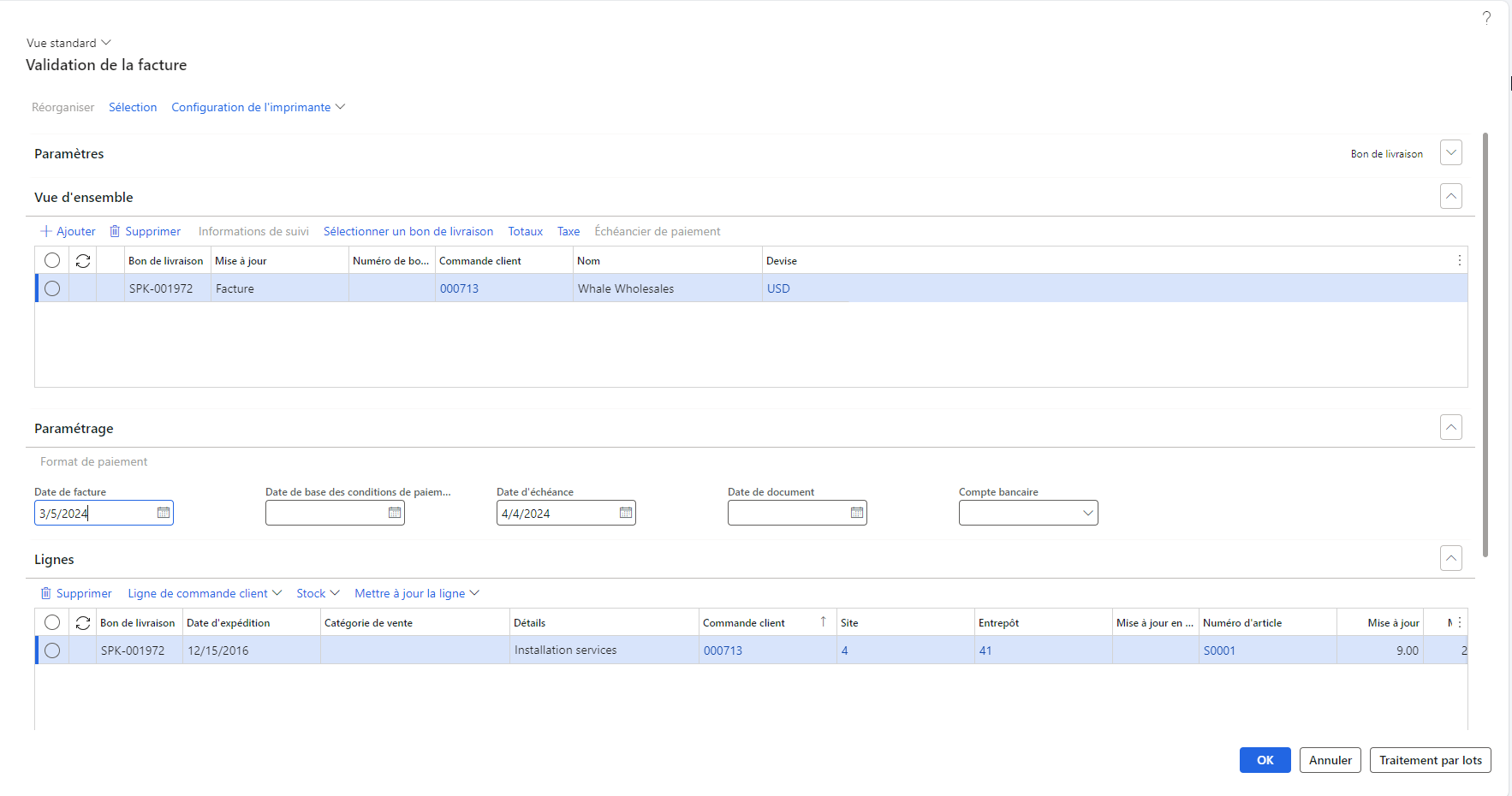 Capture d’écran de la page Validation de la facture.