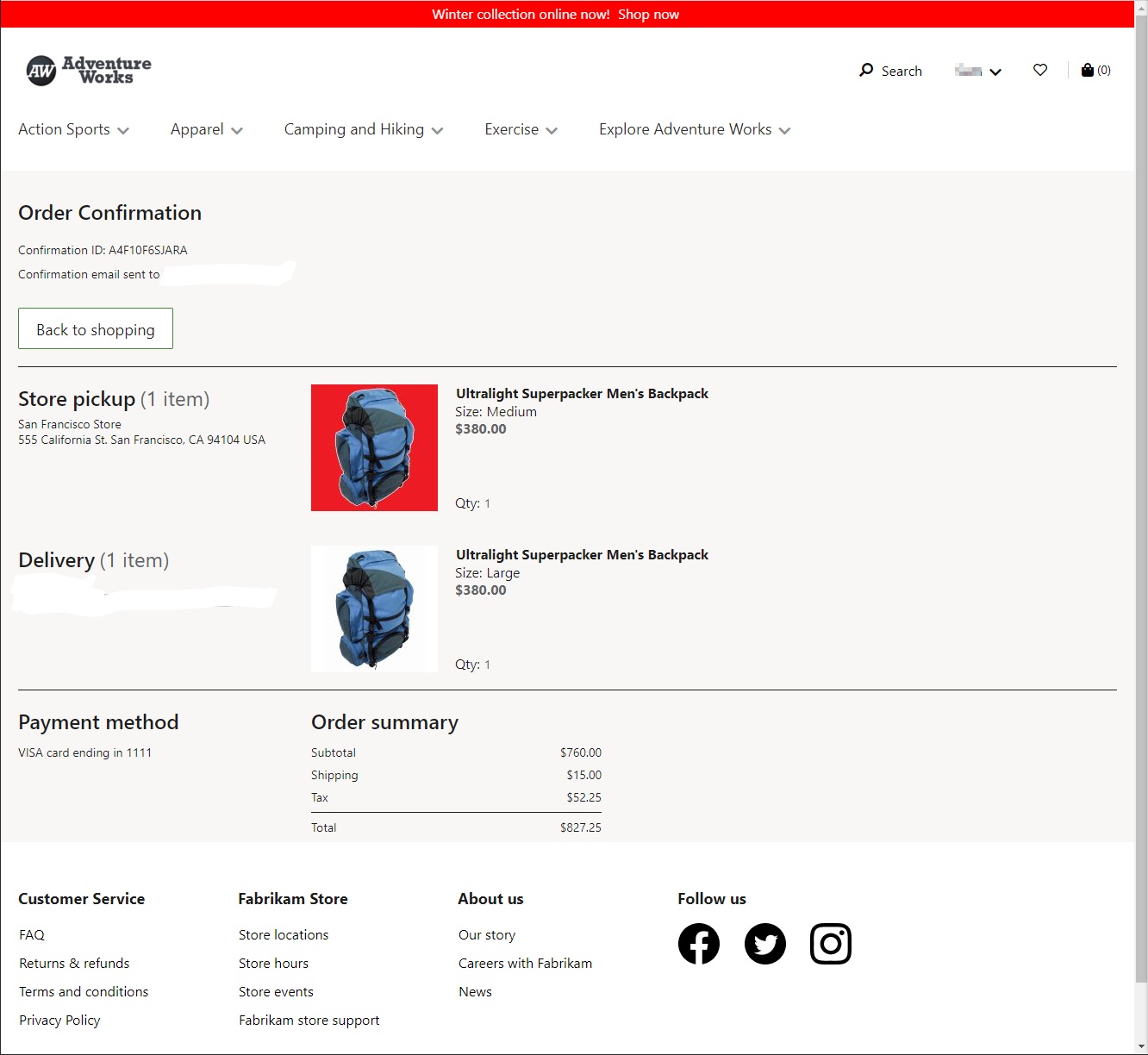 Capture d’écran de la page Confirmation de commande dans Dynamics 365 Commerce.