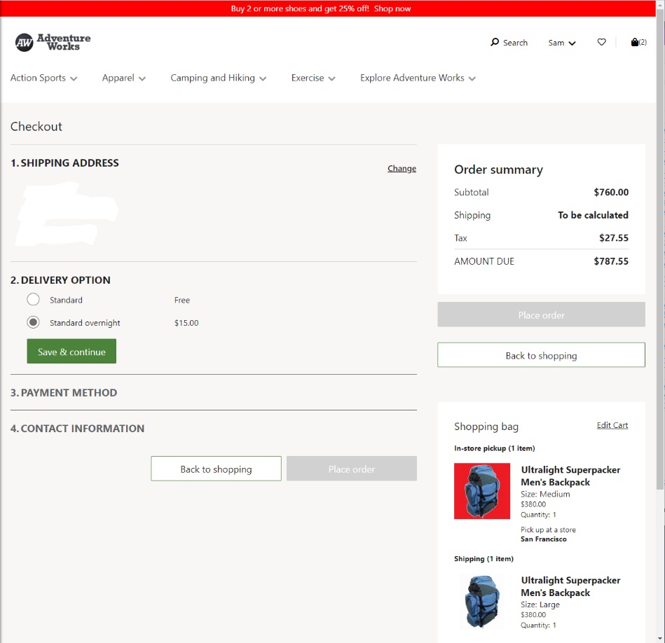 Capture d’écran de l’action Enregistrer et continuer dans Dynamics 365 Commerce.