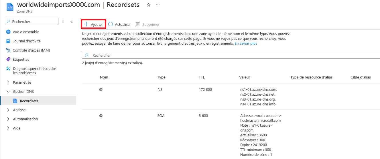 Screenshot of the DNS zone page, with + Record set highlighted.