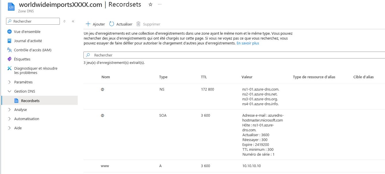 Screenshot of A record set.