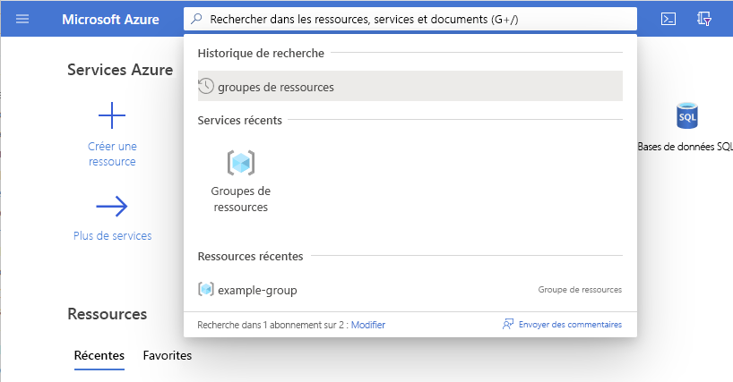Screenshot of the Azure portal that shows how to search for resource groups.