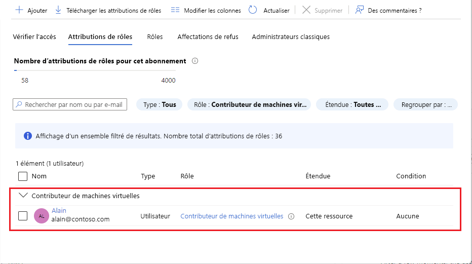 Screenshot that shows the Virtual Machine Contributor role assigned to a user.