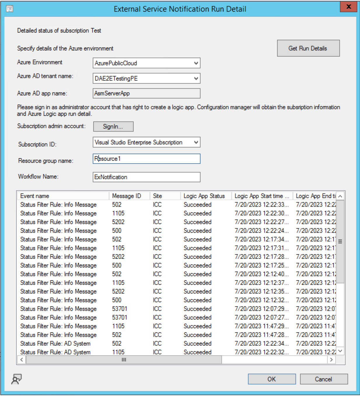 Capture d’écran des détails de l’exécution de l’Assistant notification de service externe.