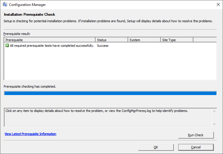 Configuration Manager outil de vérification des prérequis d’installation.