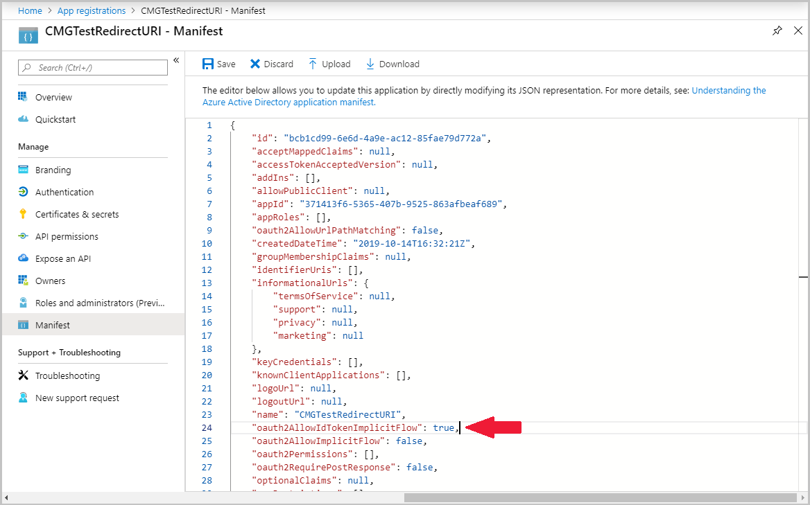 Portail Azure affichant le manifeste de l’application inscrite