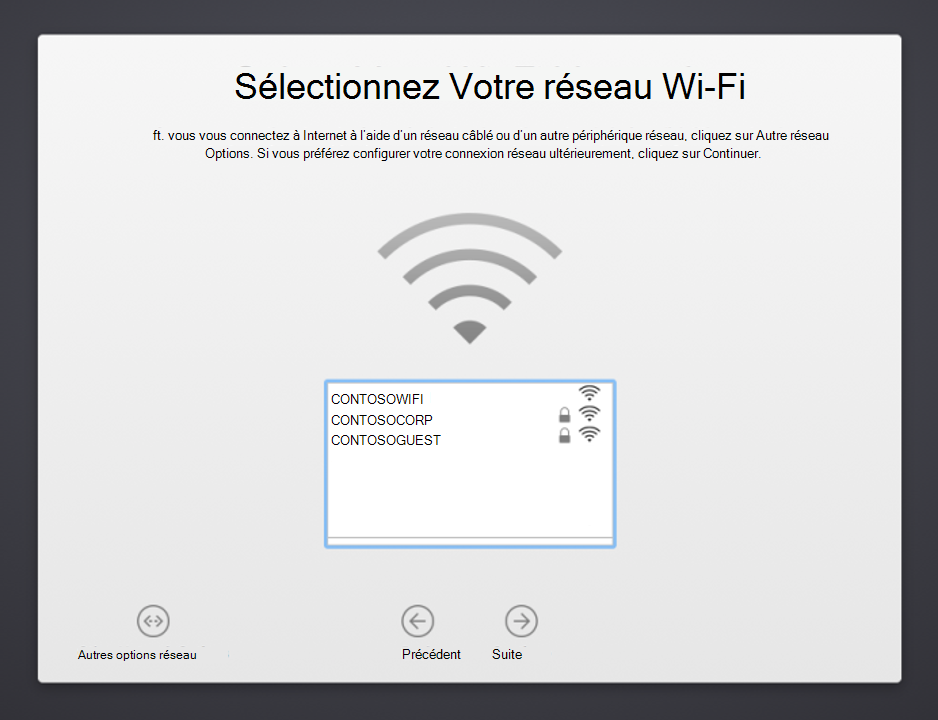 Capture d’écran de l’Assistant Installation de l’appareil macOS Sélectionnez votre Wi-Fi écran Réseau, montrant une liste des réseaux disponibles parmi lesquels choisir. Affiche également un bouton Autres options réseau, un bouton Précédent et un bouton Continuer.