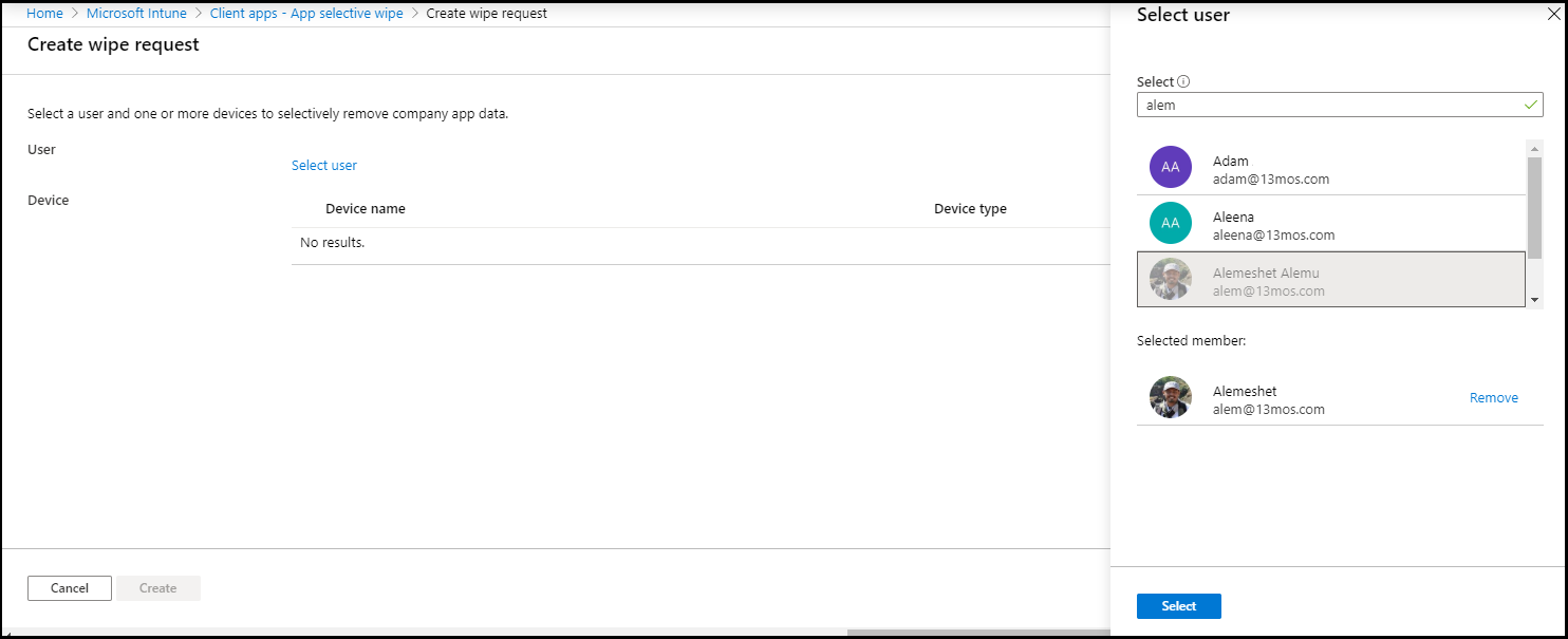 Capture d’écran du volet « Sélectionner un utilisateur »