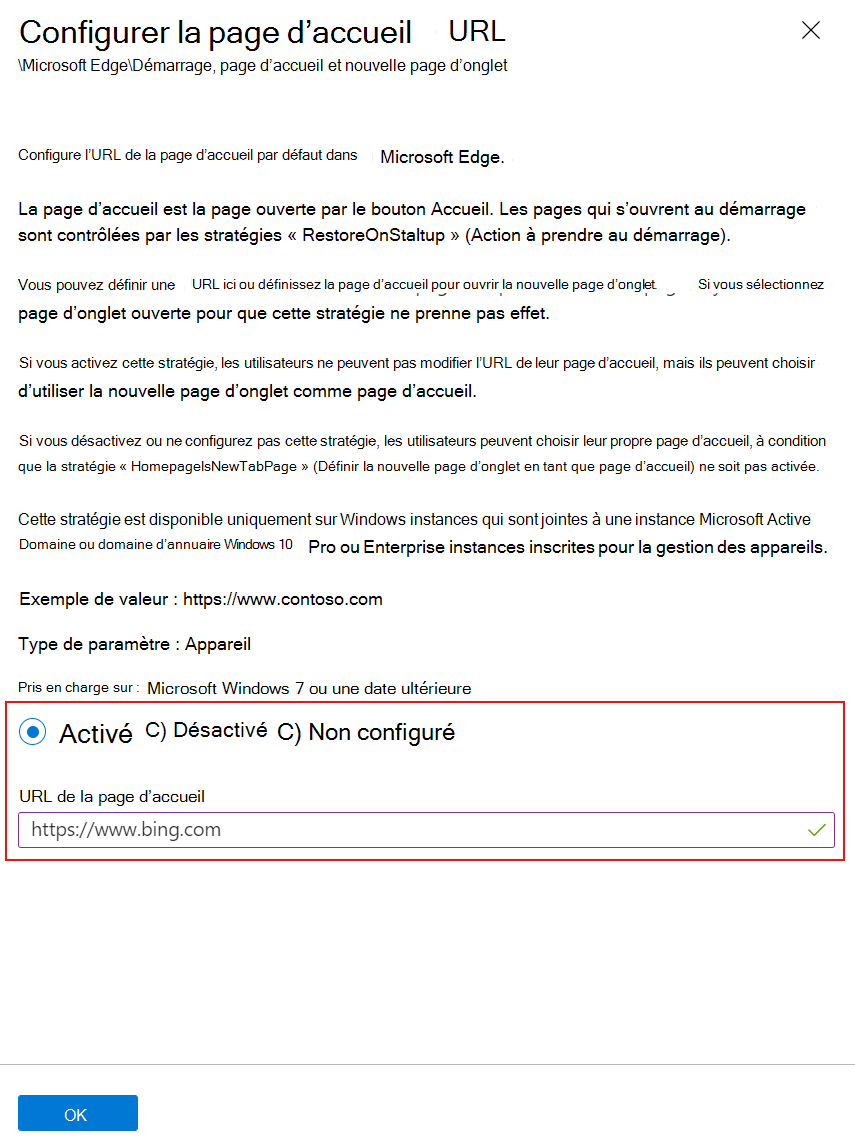 Capture d’écran de Définir l’URL de la page d’accueil Microsoft Edge sur un site web à l’aide de modèles ADMX dans Microsoft Intune et le Centre d’administration Intune.